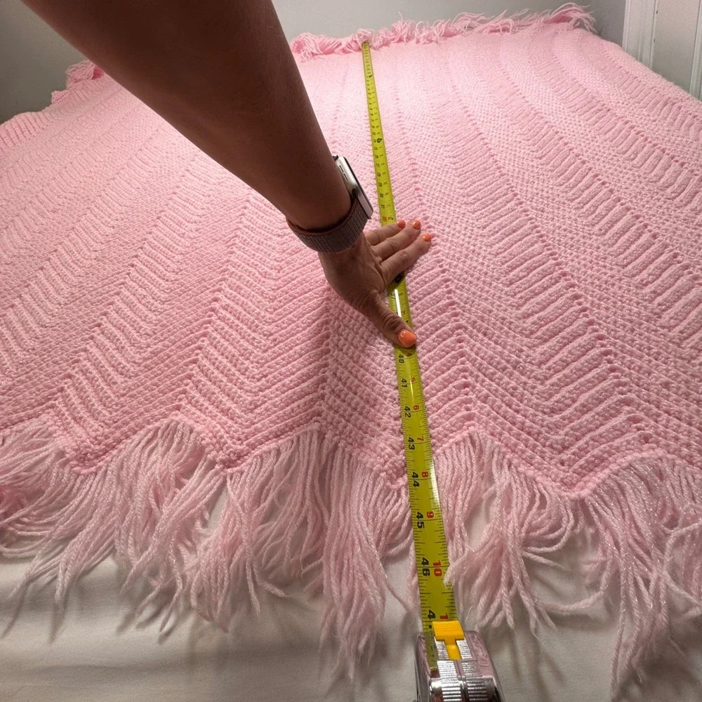 Vintage Crochet Throw Blanket Handmade Pink Chevron Ripple Afghan Shimmer Fringe